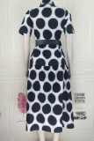 Black Fashion Casual Dot Print With Belt Turndown Collar Short Sleeve Dress