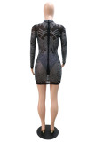 Black Fashion Sexy Patchwork Hot Drilling See-through Half A Turtleneck Long Sleeve Dresses