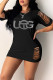 Black Fashion Casual Letter Hot Drill O Neck One Step Skirt Dresses