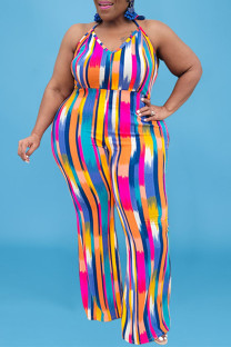 Multicolor Fashion Sexy Print Bandage Backless Halter Plus Size Jumpsuits