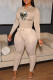 Khaki Fashion Casual Skull Head Print Basic O Neck Long Sleeve Two Pieces