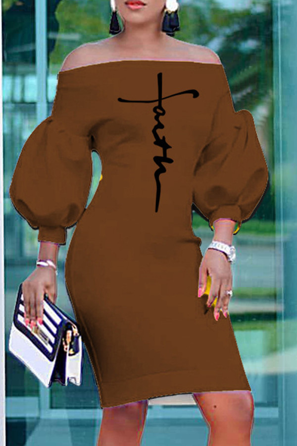 Brown Fashion Casual Print Backless Off the Shoulder Dresses