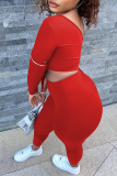 Red Sexy Solid Patchwork One Shoulder Three Quarter Two Pieces