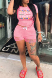 Pink Fashion Casual Letter Print Ripped O Neck Short Sleeve Two Pieces