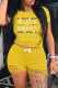 Yellow Fashion Casual Letter Print Ripped O Neck Short Sleeve Two Pieces