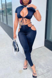 Black Fashion Sexy Solid Hollowed Out Strap Design Turtleneck Short Sleeve Two Pieces