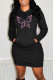 Black Fashion Casual Butterfly Print Basic Hooded Collar Long Sleeve Dresses