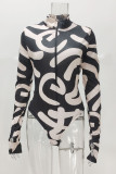 Leopard Print Fashion Sexy Print Basic Zipper Collar Long Sleeve Skinny Romper