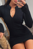 Black Sexy Casual Solid Basic Zipper Collar Long Sleeve Dresses