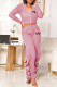 Pink Fashion Casual Letter Print Patchwork Slit Zipper Collar Long Sleeve Two Pieces