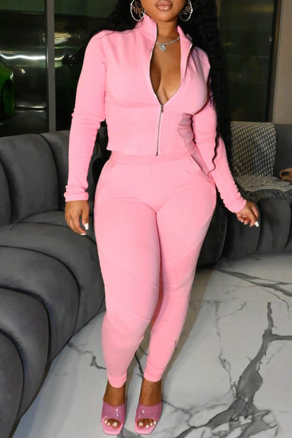 Pink Fashion Sportswear Solid Chains Turndown Collar Long Sleeve Two Pieces