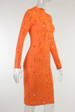 Orange Sexy Solid Hollowed Out Patchwork O Neck One Step Skirt Dresses