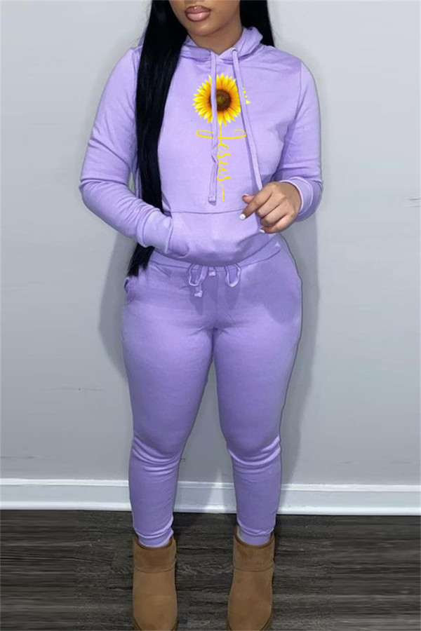 Purple Fashion Casual Print Basic Hooded Collar Long Sleeve Two Pieces