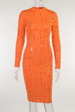 Orange Sexy Solid Hollowed Out Patchwork O Neck One Step Skirt Dresses
