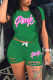 Green Fashion Casual Letter Print Ripped O Neck Short Sleeve Two Pieces