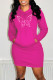 Rose Red Fashion Casual Butterfly Print Basic Hooded Collar Long Sleeve Dresses