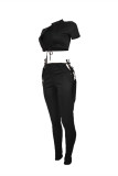 Black Fashion Sexy Solid Hollowed Out Strap Design Turtleneck Short Sleeve Two Pieces