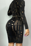 Orange Sexy Solid Hollowed Out Patchwork O Neck One Step Skirt Dresses