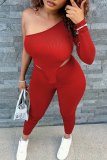 Red Sexy Solid Patchwork One Shoulder Three Quarter Two Pieces