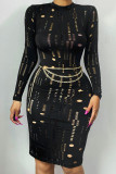 Orange Sexy Solid Hollowed Out Patchwork O Neck One Step Skirt Dresses