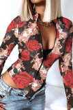 Leopard Print Fashion Sexy Print Basic Zipper Collar Long Sleeve Skinny Romper