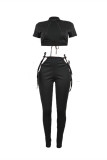 Black Fashion Sexy Solid Hollowed Out Strap Design Turtleneck Short Sleeve Two Pieces