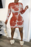 Tangerine Red Sexy Print Hollowed Out Patchwork Half A Turtleneck Pencil Skirt Dresses