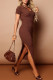 Brown Fashion Casual Solid Slit Turndown Collar Short Sleeve Dress