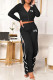 Black Fashion Casual Letter Print Patchwork Slit Zipper Collar Long Sleeve Two Pieces