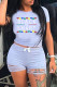 Grey Fashion Casual Letter Print Ripped O Neck Short Sleeve Two Pieces