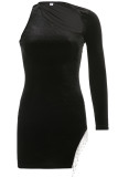 Black Sexy Solid Tassel Hollowed Out Split Joint Asymmetrical Asymmetrical Collar Dresses