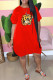 Red Fashion Casual Print Basic O Neck Short Sleeve Dress