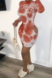 Tangerine Red Sexy Print Hollowed Out Patchwork Half A Turtleneck Pencil Skirt Dresses