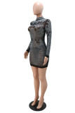 Black Fashion Sexy Patchwork Hot Drilling See-through Half A Turtleneck Long Sleeve Dresses