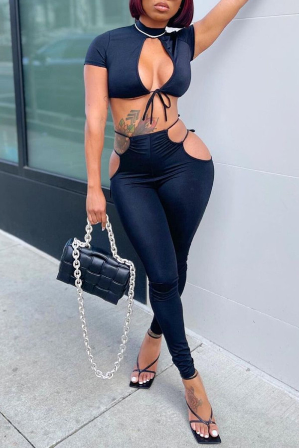 Black Fashion Sexy Solid Hollowed Out Strap Design Turtleneck Short Sleeve Two Pieces