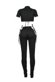 Black Fashion Sexy Solid Hollowed Out Strap Design Turtleneck Short Sleeve Two Pieces