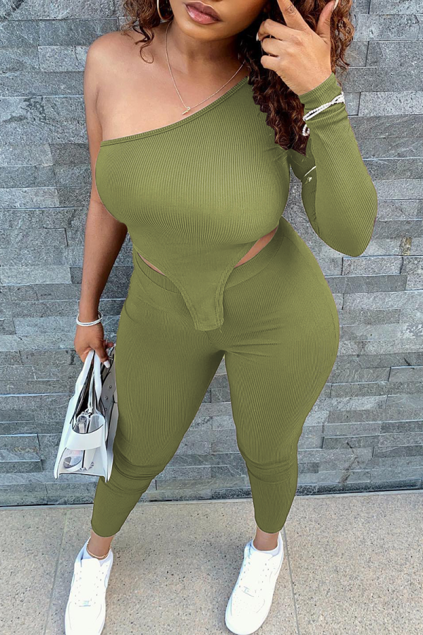 Green Sexy Solid Patchwork One Shoulder Three Quarter Two Pieces