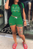 Pink Fashion Casual Letter Print Ripped O Neck Short Sleeve Two Pieces