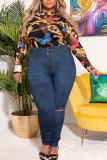 Black Plus Size Print O Neck Skinny Playsuits