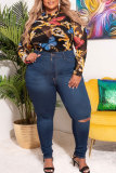 Black Plus Size Print O Neck Skinny Playsuits