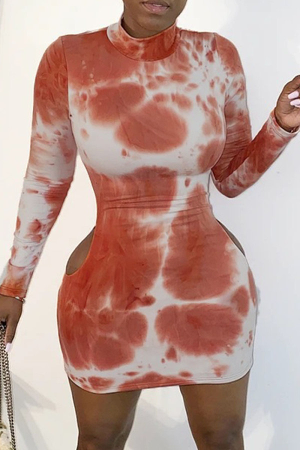 Tangerine Red Sexy Print Hollowed Out Patchwork Half A Turtleneck Pencil Skirt Dresses