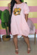 Pink Fashion Casual Print Basic O Neck Short Sleeve Dress