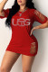 Red Fashion Casual Letter Hot Drill O Neck One Step Skirt Dresses