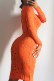 Orange Sexy Solid Hollowed Out Patchwork O Neck One Step Skirt Dresses