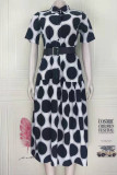 Black Fashion Casual Dot Print With Belt Turndown Collar Short Sleeve Dress