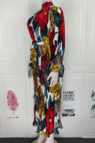 Multicolor Fashion Casual Print Fold Turtleneck Long Sleeve Dresses (Without Belt)