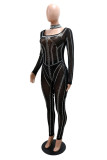 Black Fashion Sexy Patchwork Hot Drilling See-through Backless Square Collar Skinny Jumpsuits