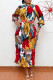 Multicolor Fashion Casual Print Fold Turtleneck Long Sleeve Dresses (Without Belt)