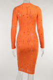 Orange Sexy Solid Hollowed Out Patchwork O Neck One Step Skirt Dresses