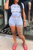 Pink Fashion Casual Letter Print Ripped O Neck Short Sleeve Two Pieces